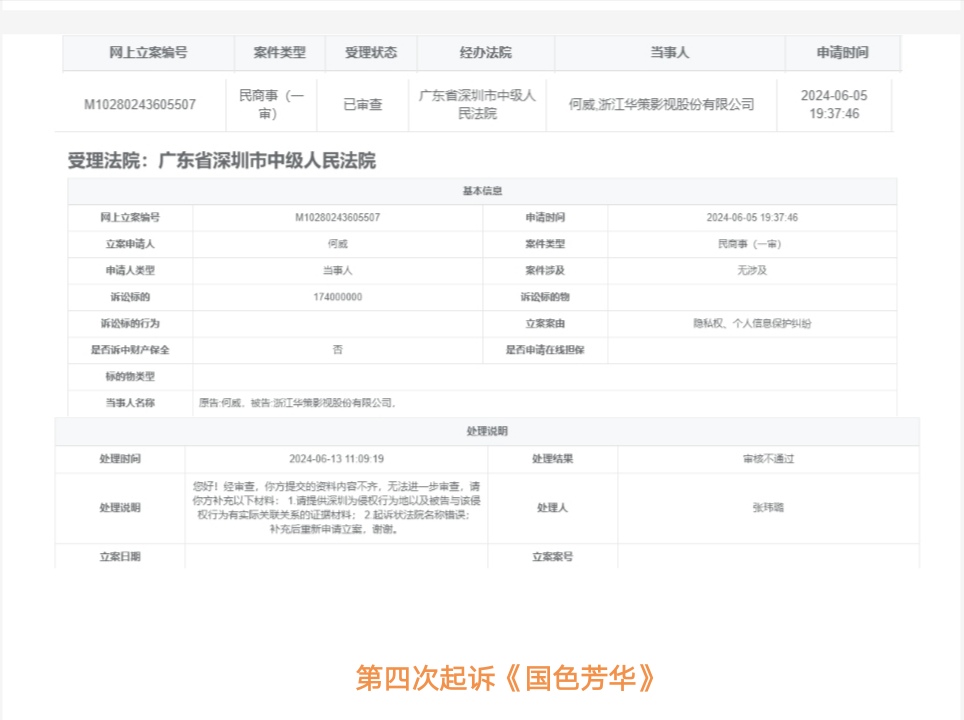 第4次起诉《国色芳华》法院截图