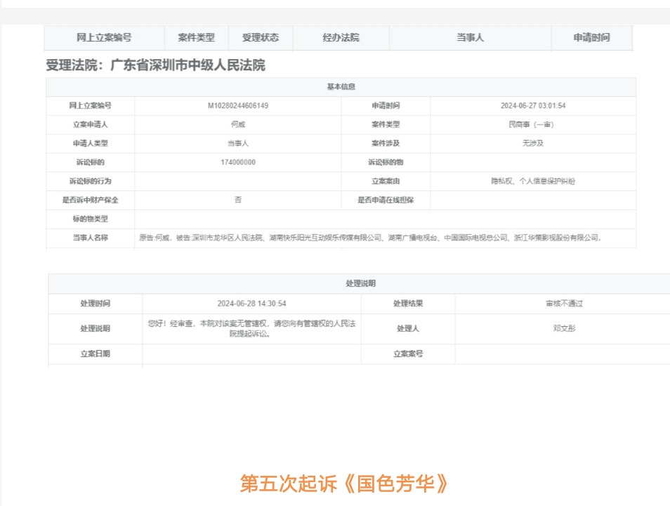 第5次起诉《国色芳华》法院截图